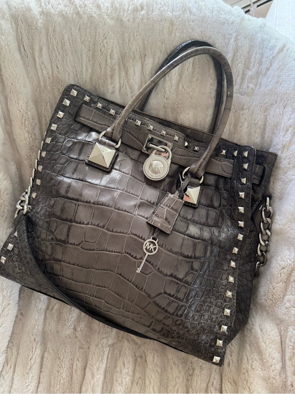 Michael Kors Hamilton Grey Croc-Embossed Studded Tote — RARE Limited Edition